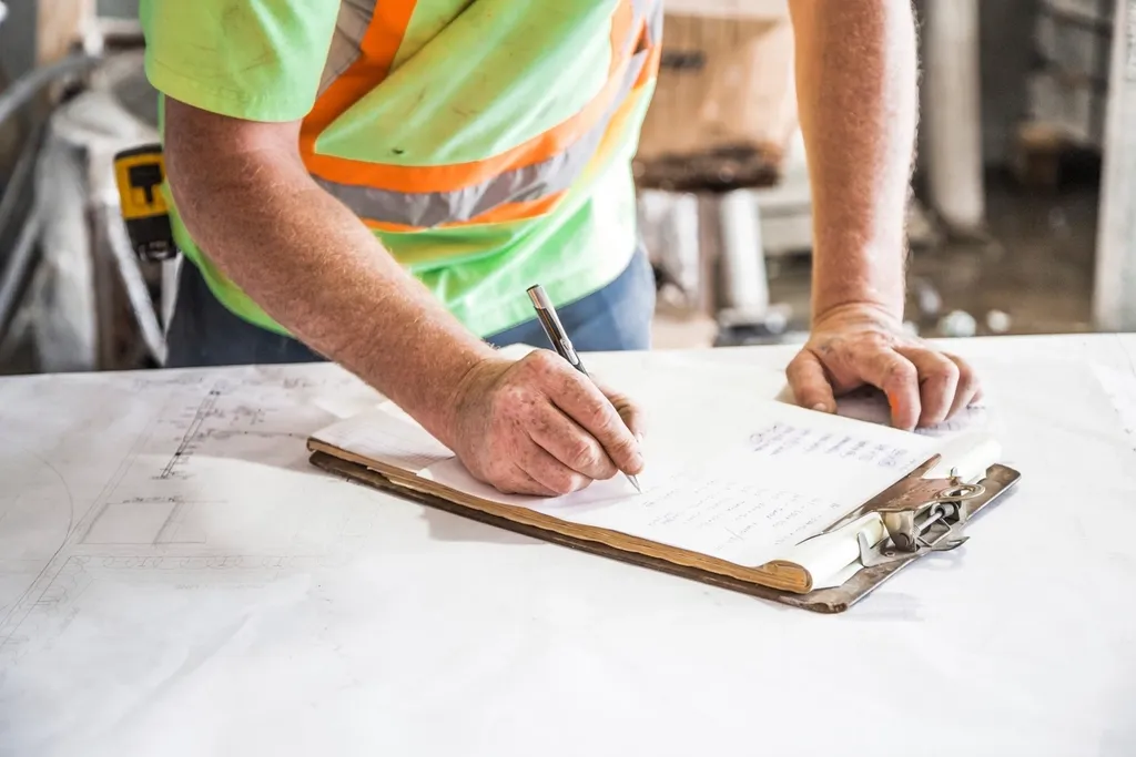 Contractor writing notes on a clipboard while planning a project