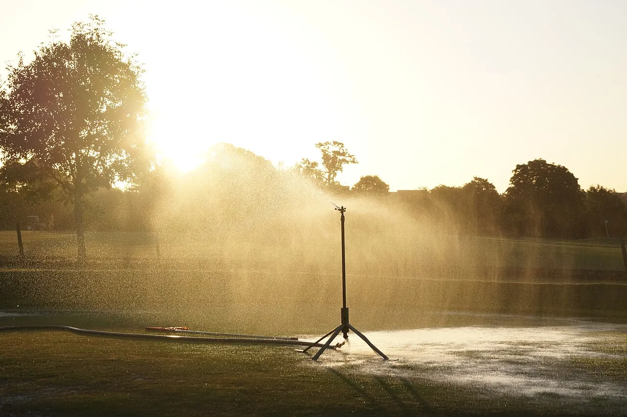 Lawn sprinkler spraying water across green grass at sunset